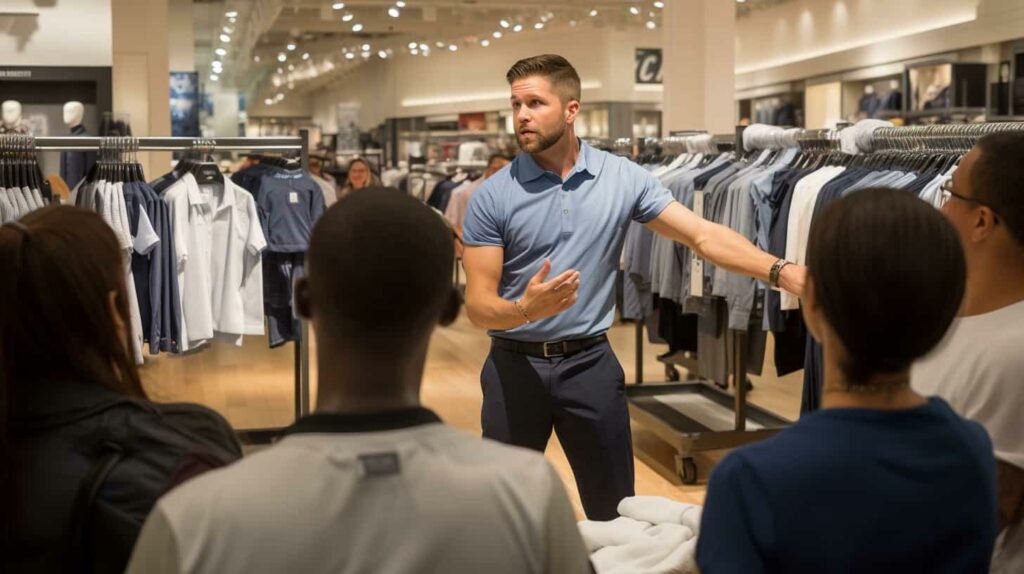 um consultor de camisa azul de mangas curtas, em uma loja de roupa de shopping gesticulando e falando para um grupo de pessoas