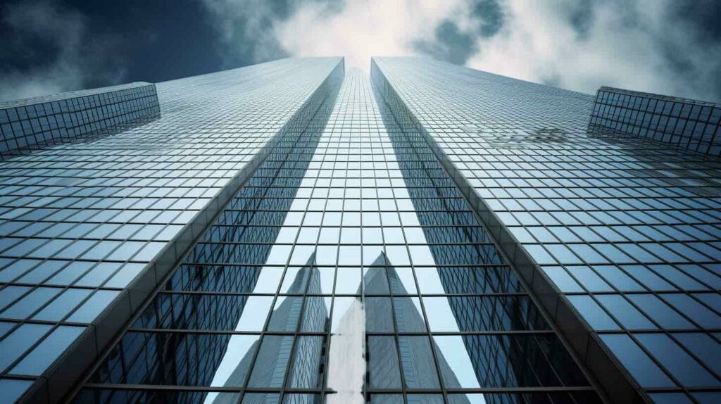 Uma fotomontagem com um prédio corporativo moderno e expansão global, representando aumento de faturamento. Uma seta ascendente e símbolos monetários enfatizam o crescimento. Pessoas profissionais e o logotipo da empresa completam a imagem de sucesso