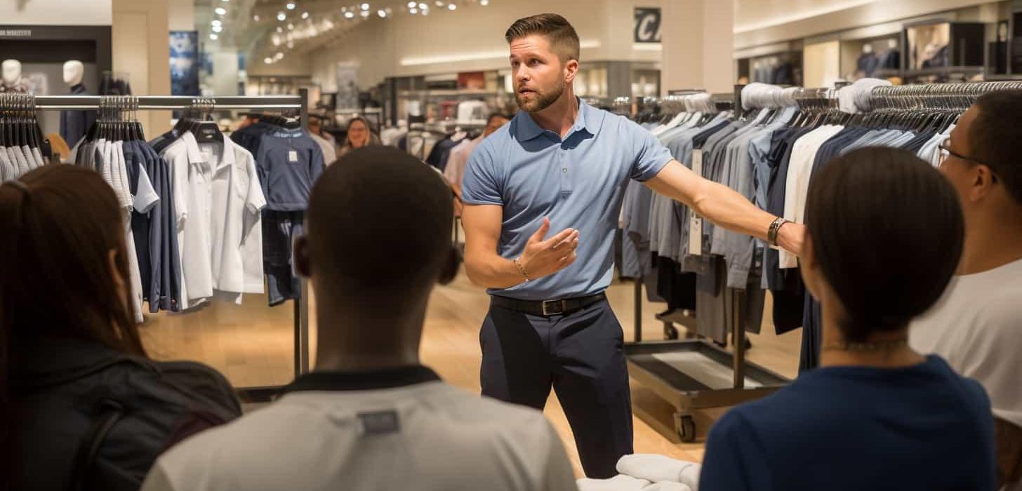 um consultor de camisa azul de mangas curtas, em uma loja de roupa de shopping gesticulando e falando para um grupo de pessoas