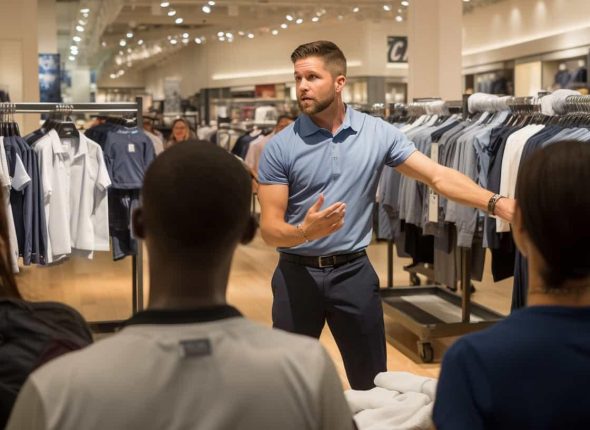 um consultor de camisa azul de mangas curtas, em uma loja de roupa de shopping gesticulando e falando para um grupo de pessoas