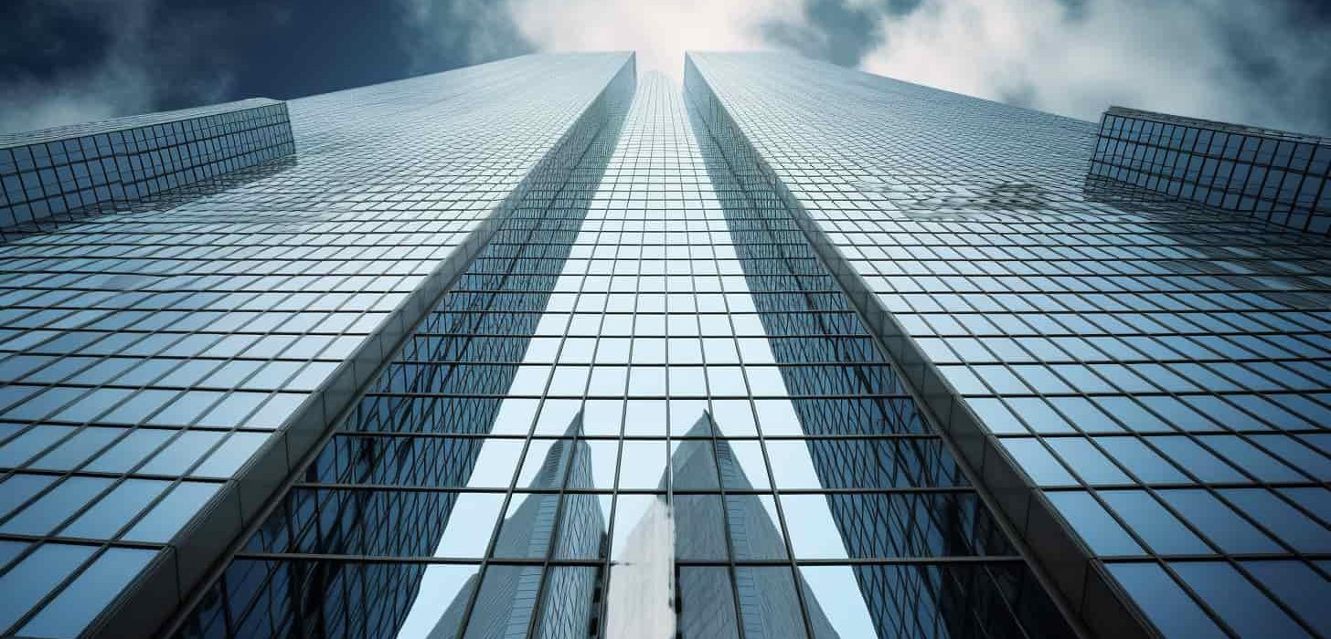 Uma fotomontagem com um prédio corporativo moderno e expansão global, representando aumento de faturamento. Uma seta ascendente e símbolos monetários enfatizam o crescimento. Pessoas profissionais e o logotipo da empresa completam a imagem de sucesso